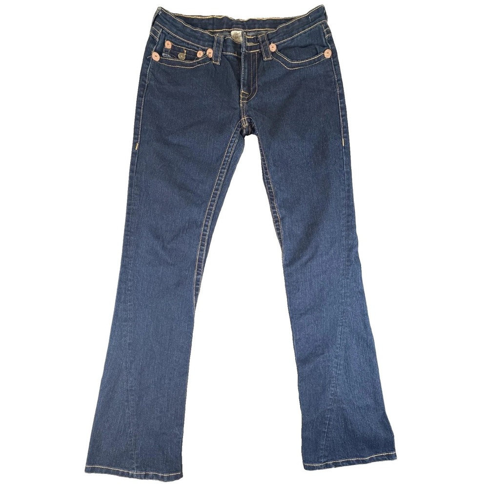 True Religion Joey Super T Jeans Women 29 Blue Flare USA Broken Button 30x35